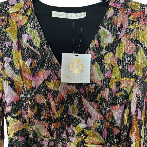 NWT Marie Oliver Metallic Black Fruity Print Wiley Mini Faux Wrap Dress - Picture 4 of 12